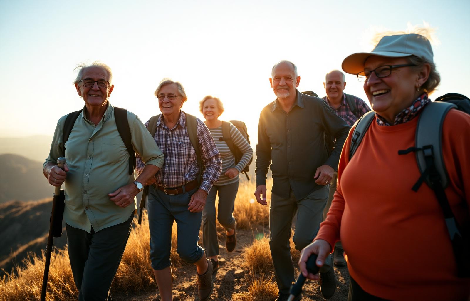 Older adults hiking together at golden hour, mid-stride and smiling